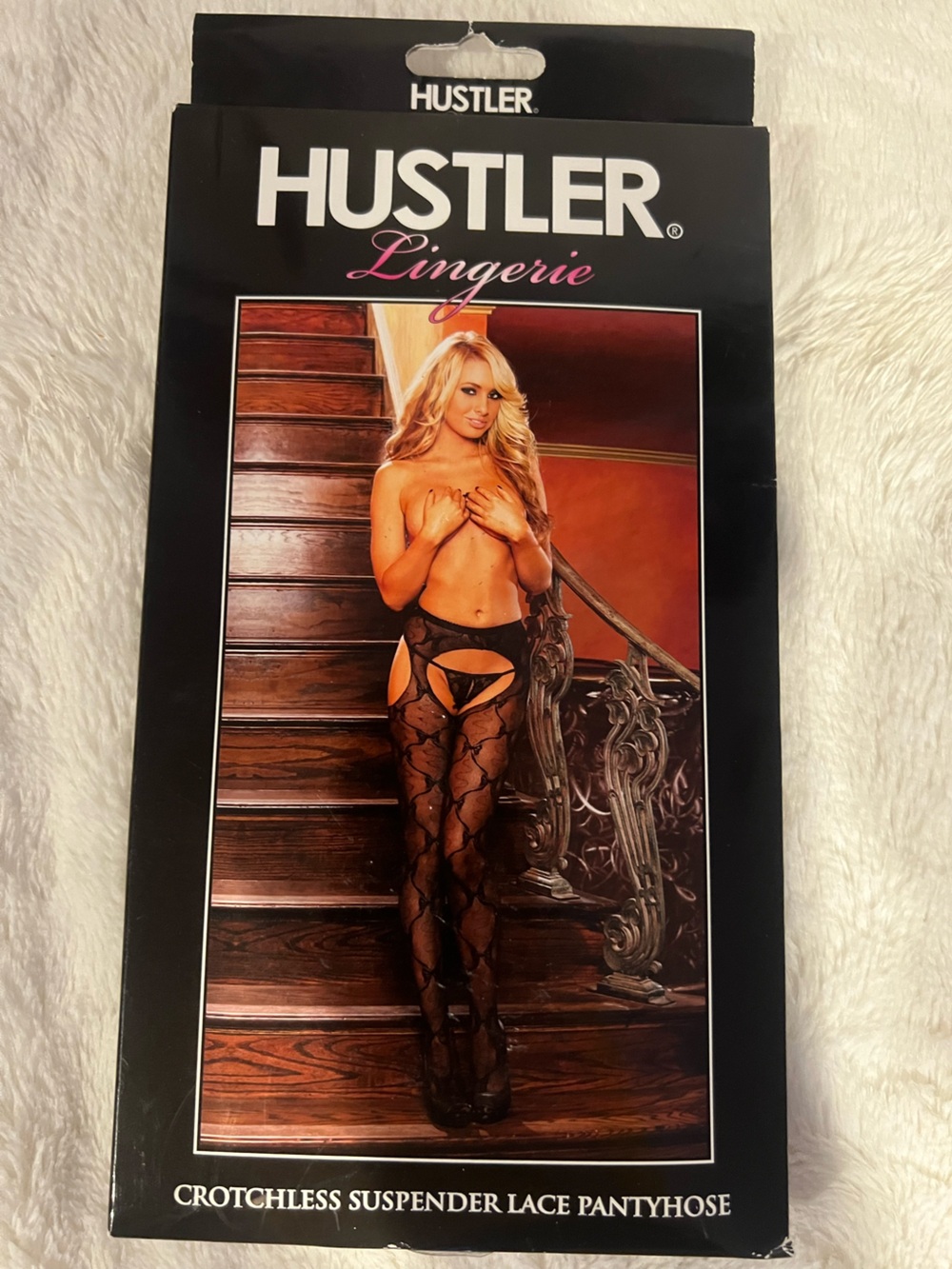 Hustler Hollywood Black Lace Crotchless Suspender Pantyhose